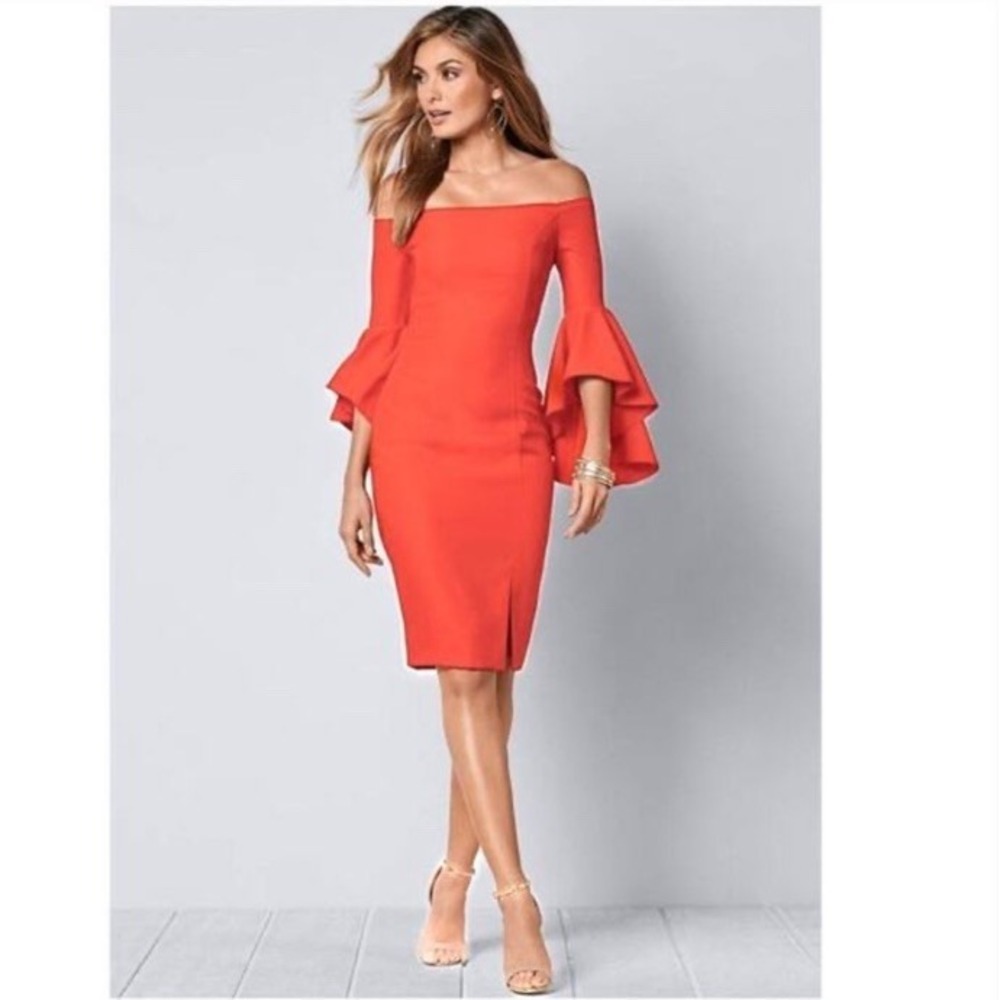 Venus Off The Shoulder Orange Flare Sleeve Sleath Dress Size 14